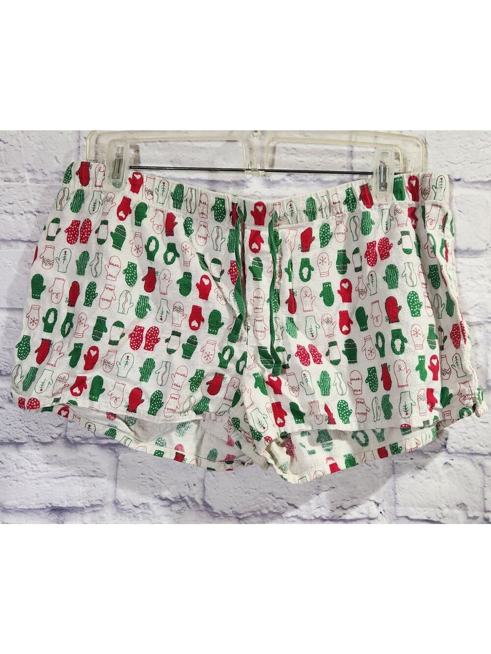 White Red Green Christmas Mittens Print Flannel Sleep Shorts Medium Lightweight